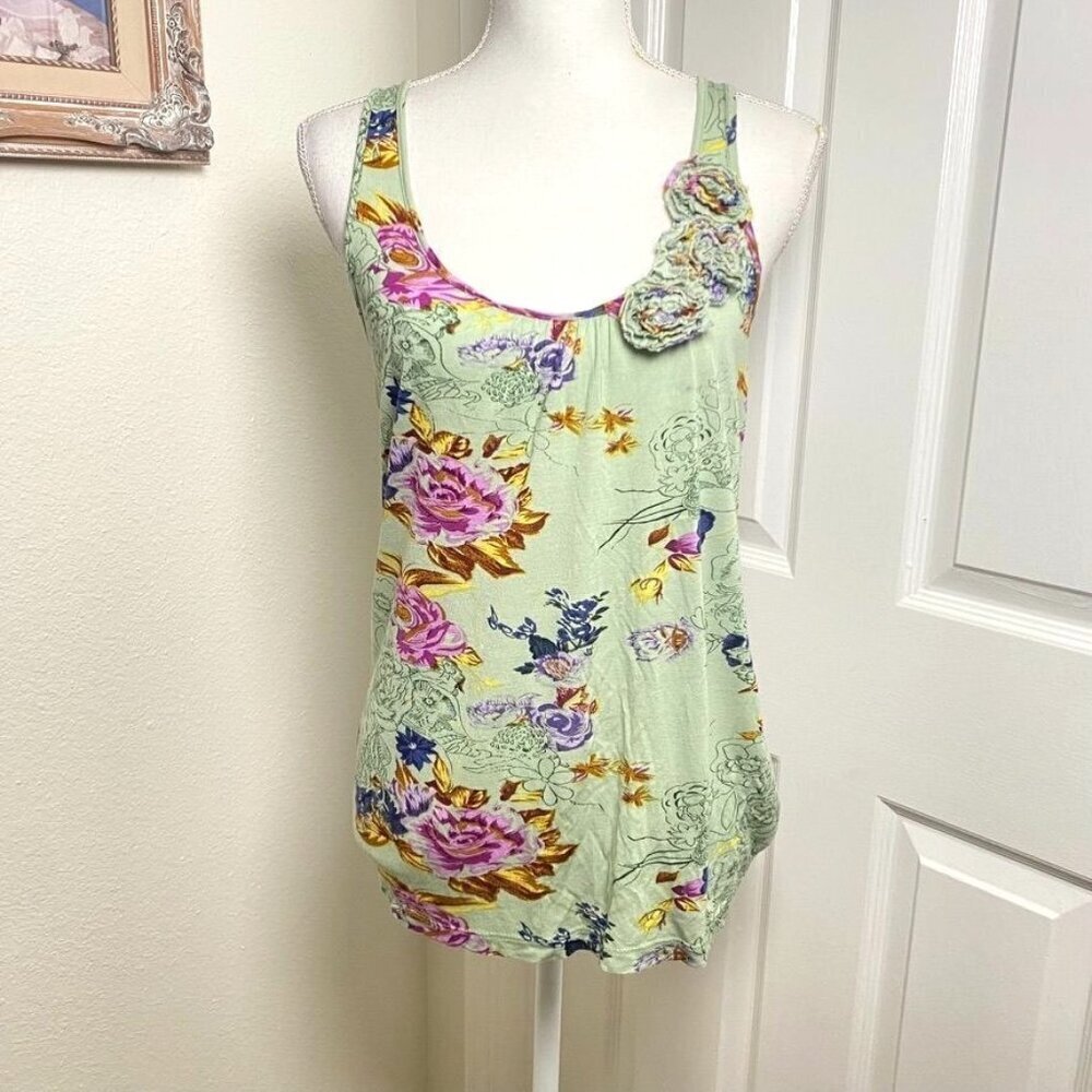 Fire Los Angeles Green Floral Tank Top 3D Rossettes Size Small